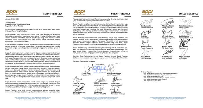 APPI dan Pemain dari 18 Klub Liga 1 Kirim Surat Terbuka kepada Presiden Jokowi